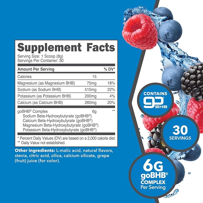 Ketologic Keto BHB (Mixed Berry Flavor) 30 Servings - Exogenous Ketone Supplement with goBHB, Beta-Hydroxybutyrate Salts