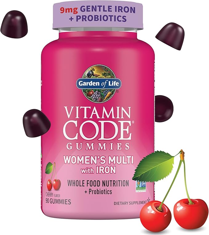 Women’s Multivitamin Gummy with Iron: Folate, Biotin, D3 & B12 for Hair, Skin & Nails + Probiotics for Immune Health & Digestion, Vitamin Code, Non-GMO, Gluten-Free, 90 Cherry Gummies, 30 Day Supply