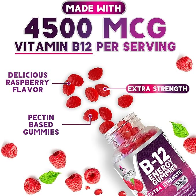 B-12 Vitamin Energy Gummies - 4500mcg Extra Strength B12 Gummy Chewables for Energy Metabolism & Immune Support - Dietary Supplement for Women, Men, & Kids - Non-GMO, Vegan, Berry Flavor - 120 Count