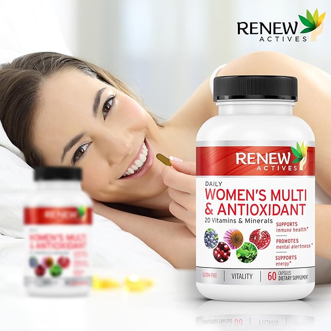 Renew Actives Women's Multi-Vitamin & Antioxidant: Daily Health Supplement - 22 Vitamins & Minerals for Energy & Mental Alertness, 2 Capsules per Serving - 60 Capsules