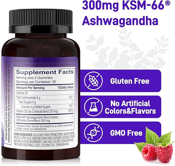 Ashwagandha Gummies, KSM-66 Ashwagandha Root Extract with Vitamin D3, Stress Support Immune Support for Adults - GMO Free, Gluten Free (Raspberry, 60 Count)