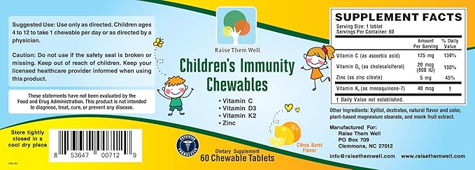 Kids Vitamin C & Immune Support, Citrus Chewables for Children, Natural Immune Booster with Zinc & Elderberry + Kids Vitamin PDF, Doctor Formulated, 60 Tasty Tablets