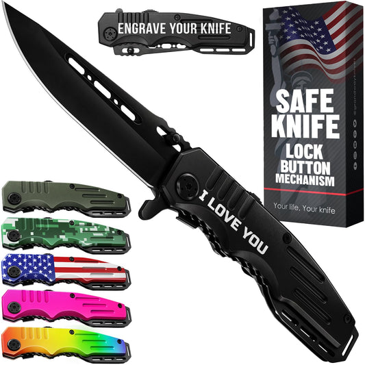 Grand Way Pocket Knife I LOVE YOU - Folding Knife with Engraved Aluminum Handle - 3.42” Blade Cool Knives for Dad Husband Boyfriend - Ideal Father's Day Present - Best Gift for Him & Her 6681 ILY