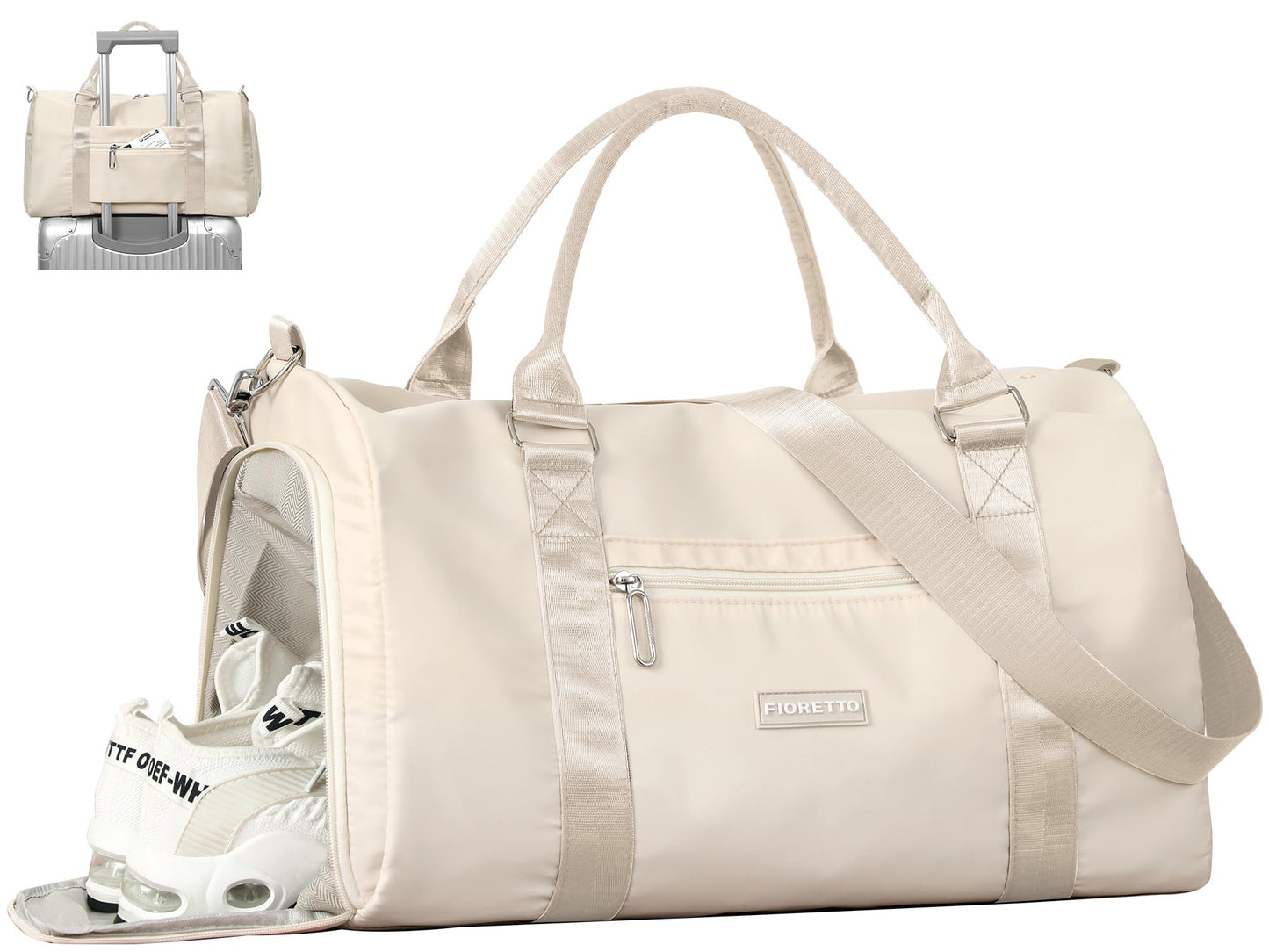 FIORETTO Womens Gym Tote Duffle Bag with Wet Pocket & Shoe Compartment, Sports Duffel Overnight Weekender Hospital Workout Carry on Bag for Girls, Ideal for Travel, Swimming, Dance, Ballet Beige