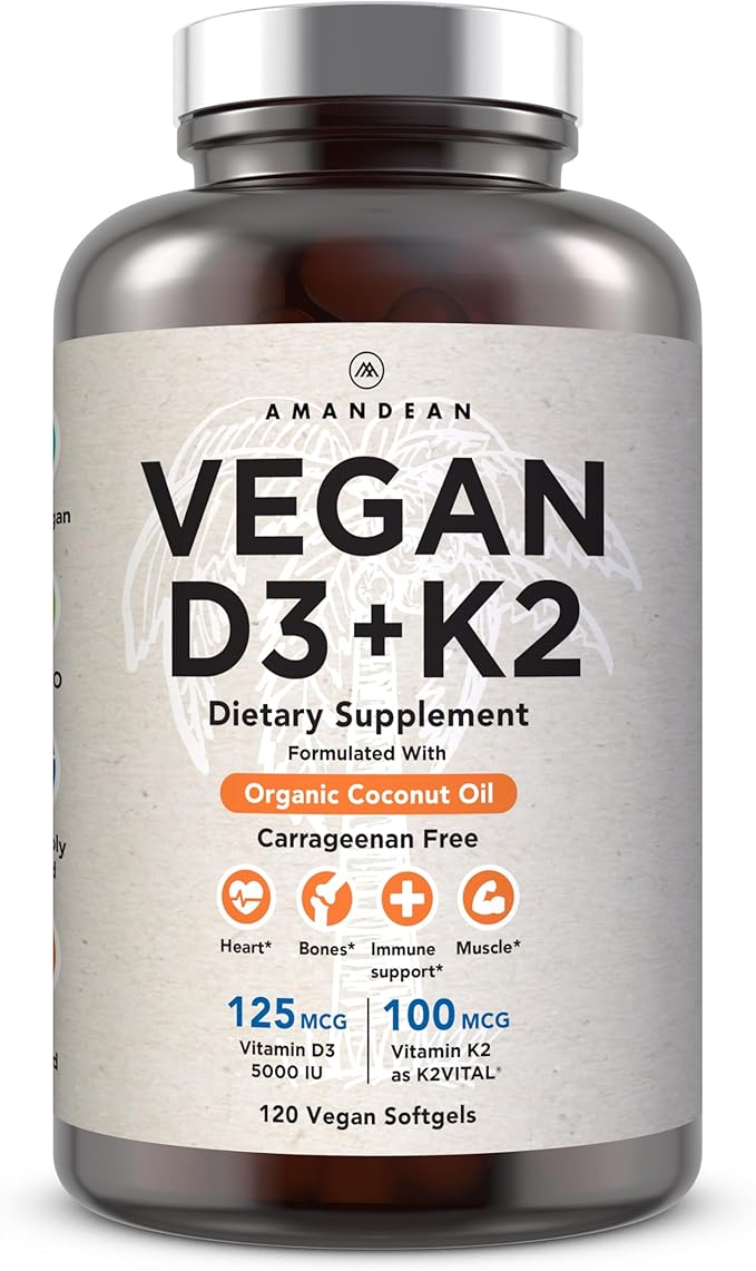 AMANDEAN Vegan Vitamin D3 K2. 5000 iu from Algae. All-Trans MK-7. 120 Softgels. Plant-Based & Carrageenan Free. Organic Coconut Oil Blend. for Mood, Bones, Heart, Immune Health (Packaging May Vary)