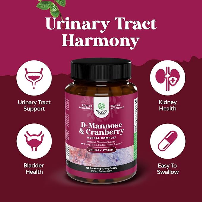 D Mannose with Cranberry Supplement - Potent D Mannose 1000mg Capsules for Kidney Defense Support & Cleanse and Urinary Tract Health for Women & Men - Bladder Health Supplement for Adults - 120 Count