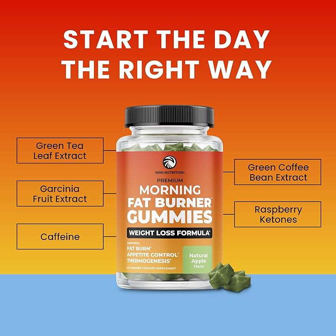 Morning Fat Burner Gummies | Weight Loss for Women & Men | Thermogenic Belly Fat Burner with Green Tea, Garcinia, Green Coffee Bean & More | Appetite Suppressant & Metabolism Booster | 60 Gummies