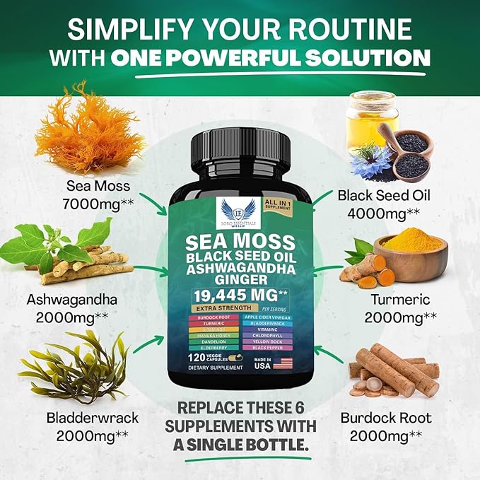 Sea Moss + Shilajit Bundle (2 Pack) – 120 Capsules Eac Sea Moss 7000mg Black Seed Oil 4000mg Ashwagandha 2000mg Ginger & Shilajit 9000mg Rhodiola Rosea 1000mg Panax Ginseng 1500mg