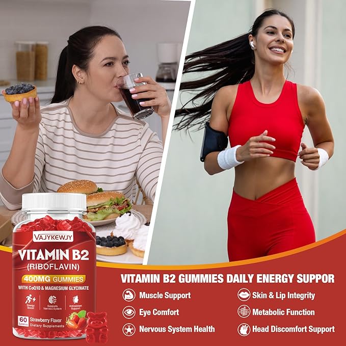 Vitamin B2 Gummies Riboflavin 400mg Strawberries Flavor, 60 Count