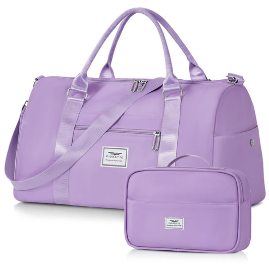 FIORETTO Womens Gym Tote Duffle Bag with Toiletry Bag, Sports Duffel Overnight Hospital Workout Carry on Bag for Girls with Wet Pocket & Shoe Compartment, Ideal for Travel, Swimming, Dance Purple