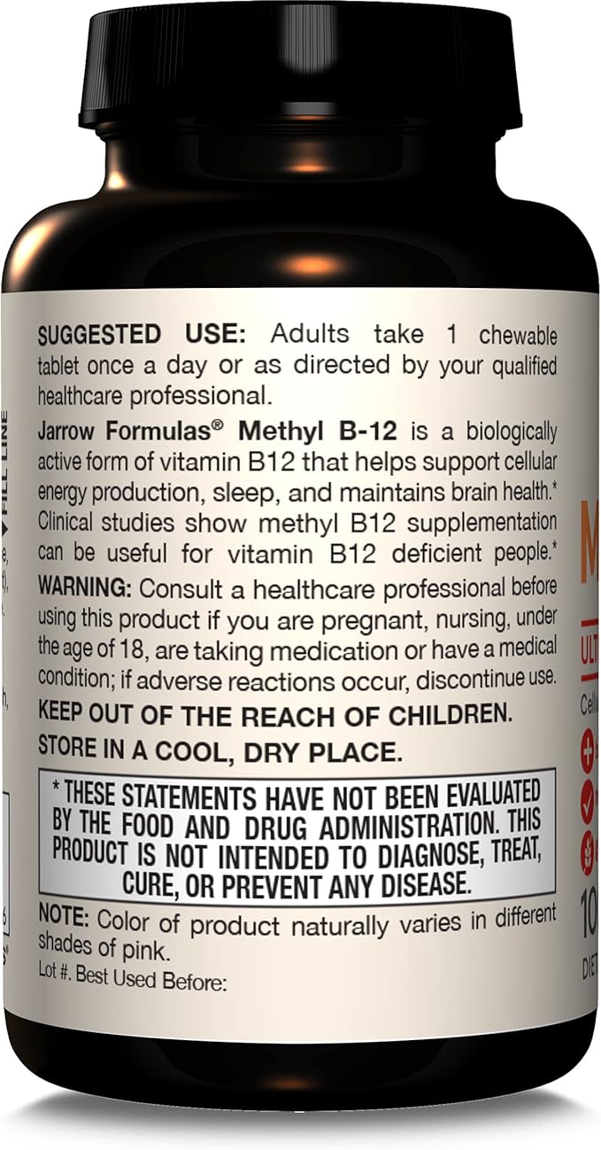 Jarrow Formulas Ultra Strength Methyl B-12, Dietary Supplement for Cellular Energy Production, 100 Tropical-Flavored Chewable Tablets, Up to a 100 Day Supply, Pack of 12