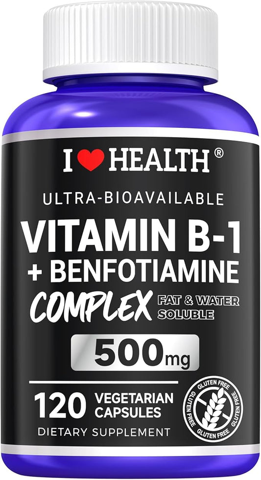 Vitamin B1 500mg with Benfotiamine 20mg, 120 Capsules – 2 in 1 B-1 Complex Enhanced Formula – Fat & Water Soluble Thiamine B1 Supplement – Third Party Lab Tested, Non-GMO, No Gluten
