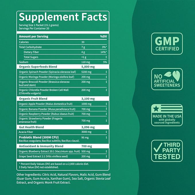 Supergreens Premium Superfood Greens Drink Mix w/Chlorella, Moringa, Spinach & Broccoli + Digestive Enzymes & Probiotic Blend -Nutrient-Packed Powder (Sour Watermelon 20 SRV, Travel Pack)