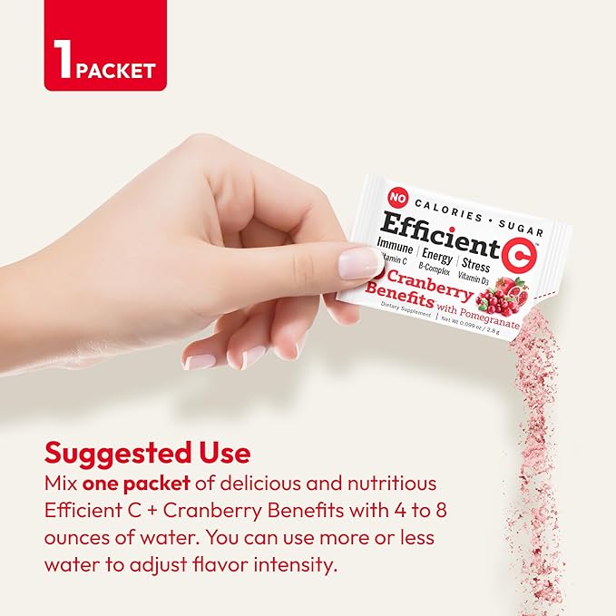 ANDREW LESSMAN Efficient C + Cranberry Benefits 90 Packets - Immune, Energy, Stress and Urinary Tract Support. Reinvention of The Vitamin C Drink. No Calories. No Sugar. No Carbs. Easy to Mix.