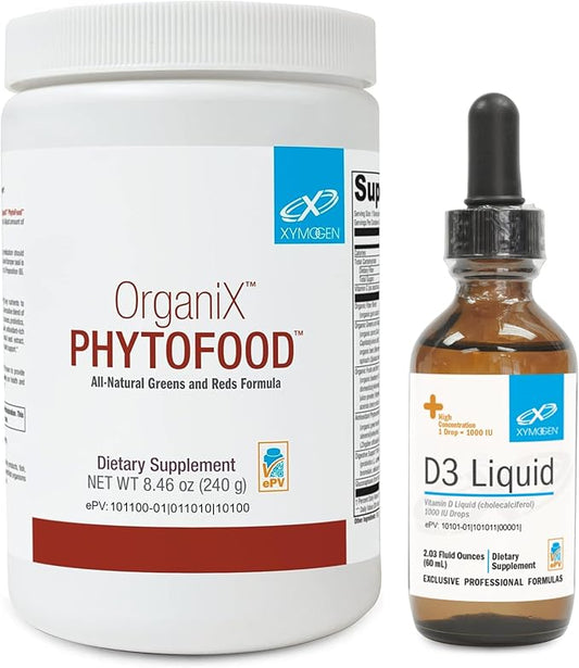 XYMOGEN D3 Liquid (1,500 Servings) + OrganiX PhytoFood Greens Powder (30 Servings) - 1000 IU Liquid Vitamin D Drops with Vegetables, Fruits, Berries, Phytonutrients, Fiber, Probiotics + Enzymes
