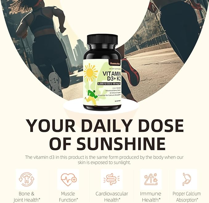 Vitamin D3 K2, Vitamin D3 5000 IU (125 mcg) + Vitamin K2 100 mcg, 2 in 1 D3 and K2 Supplements for Bone, Teeth, Muscle and Immune Health Support, 60 Softgels