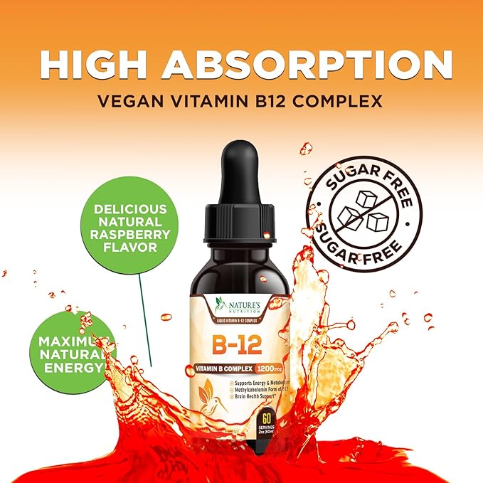 Vegan B-12 Vitamin Supplement Drops (Methylcobalamin) Extra Strength Super B Complex - Sublingual B12 Liquid for Immune Support, Heart Health & Cellular Energy Support, Raspberry Flavored - 2 Fl Oz