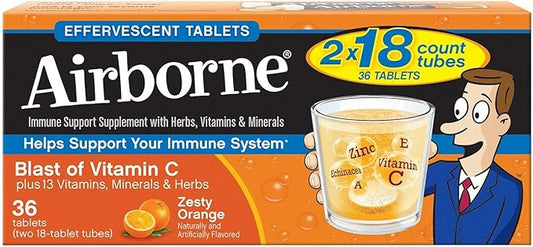 Vitamin C 1000mg (per serving) - Airborne Zesty Orange Effervescent Tablets (36 count in a box), Gluten-Free Immune Support Supplement and High in Antioxidants
