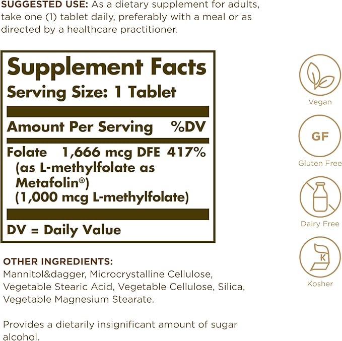 SOLGAR Folate 1000 mcg - 120 Tablets, 2 Pack - 1000 mcg Bio-Active Metafolin - Vegan, Gluten Free, Dairy Free, Kosher - 240 Total Servings