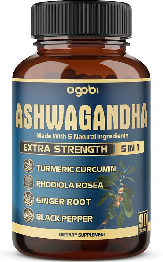 Ashwagandha Extract Capsule - Great Strength - 5in1 Blended Ginger, Turmeric, Rhodiola Rosea & Black Pepper - 90 Capsules for 3 Months - Strength, Spirit & Immune Support
