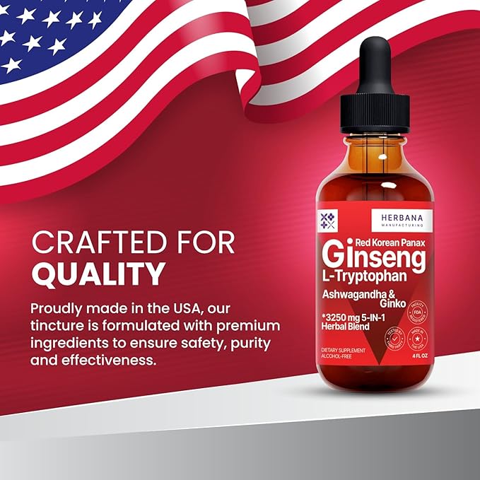 Red Korean Panax Ginseng & L-Tryptophan Liquid Extract Formula 4 fl oz - Ashwagandha, Ginkgo Biloba - Energy, Cognitive Performance & Focus - Immune System and Vitality Support Tincture