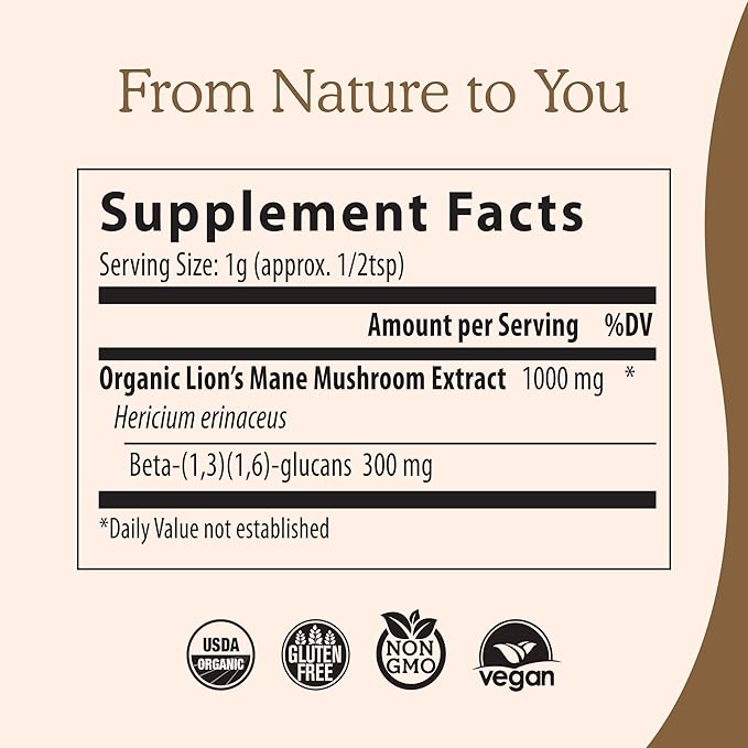 Real Mushrooms Lions Mane Powder - Organic Mushroom Extract for Cognitive Function Immune Support Brain Supplements Memory and Focus Vegan Supplement, 150 Servings