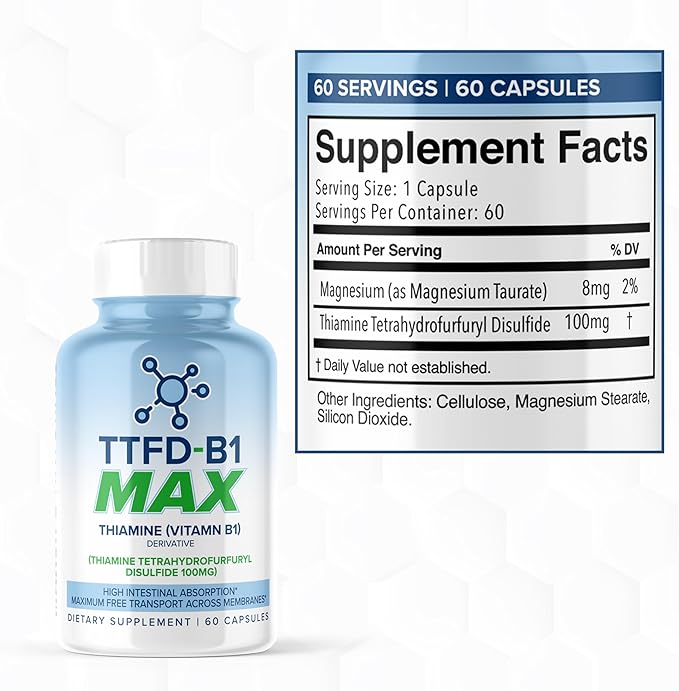 TTFD Thiamine B1 Supplement 60Capsules Made in USA- Thiamine TTFD Vitamin B1 MAX, High-Potency Supplement for Energy & Focus, Supports Healthy Nerve Function & Overall Wellness by MaxLife Naturals