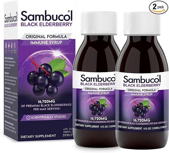 Sambucol Black Elderberry Syrup - Sambucus Elderberry Syrup, Black Elderberry Liquid, Immune Support for Kids and Adults, High Antioxidants, Gluten Free - Original Formula, 4 Fl Oz, 2-Pack