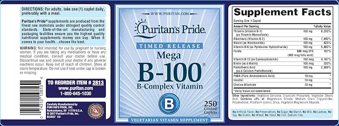 Puritan's Pride -100 Complex Timed Release Supports Energy Metabolism, Caplets, Vitamin B, 250 Count
