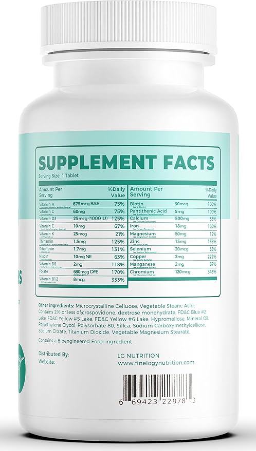 Womens Multivitamin - Essential Nutrients with Iron, Vitamins A, C, D3, K, B6 and B12 Supplements for Women’s Health, Energy Hair Skin & Nails - Daily Multivitamin for Women- 60 Count