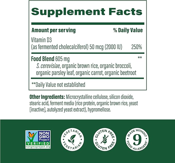 MegaFood Vitamin D3 2000 IU (50 mcg) - Vitamin D Supplements With Real Food, Immune Support, Supports Bones, Teeth & Muscles, Vegetarian, Certified Non-GMO, Kosher – 90 Tablets, 90 Servings