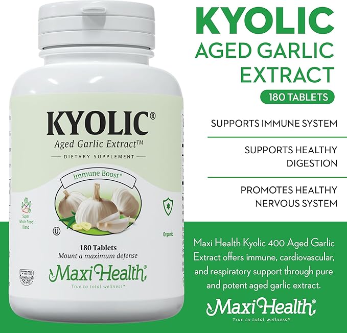 Maxi Health Kyolic Organic Garlic Supplement - Kosher Garlic Tablets with Kyolic Aged Garlic Extract for Immune Support - Vegetarian Garlic Pills (180 Count)