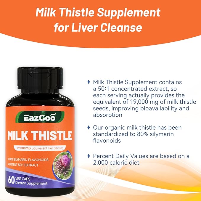 Milk Thistle Capsules 19000mg Equivalent, 50X Concentrated Seed Extract & 80% Silymarin Standardized, Liver Support Supplement, Vegan, Non-GMO, 120 Capsules