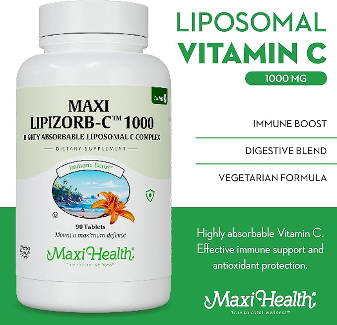 Maxi Health Liposomal Vitamin C 1000mg Tablets with Digestive Blend, Highly Absorbable High Dose VitaminC, Non GMO Kosher Vegetarian Doctor-Formulated Immune Support Supplement (90 Count)