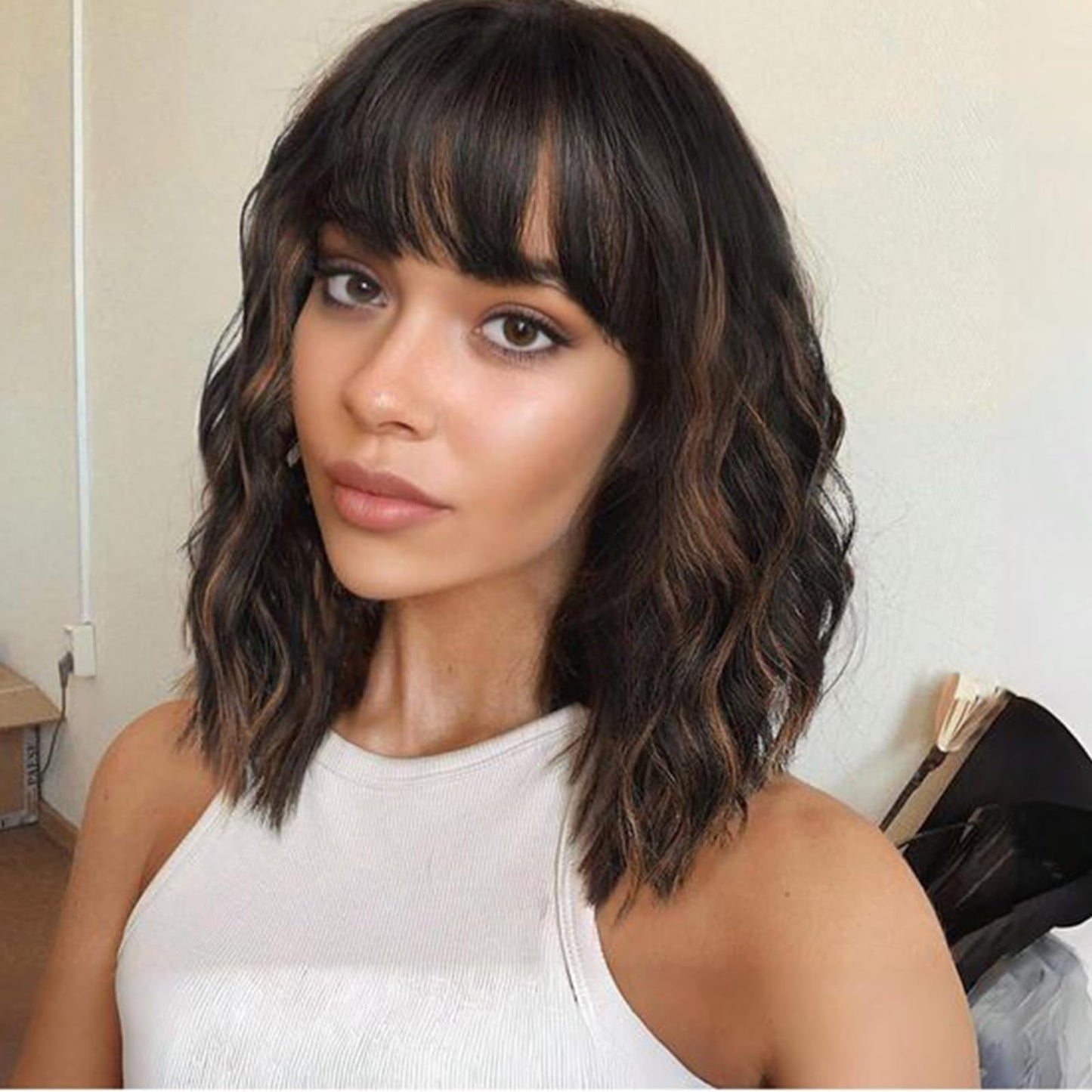 Allbell Black mixed Auburn Wigs for Women Short Wavy Bob Wig with Bangs for Women Synthetic Short Curly Wave Wigs Heat Resistant Fiber Hair Wigs for Daily