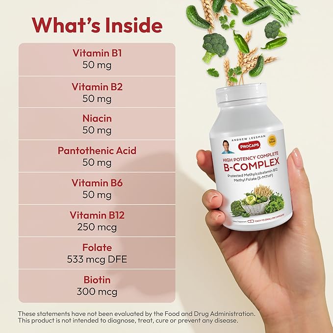 ANDREW LESSMAN High Potency B-Complex 60 Capsules - with High Levels of Folate Complex and Biotin, Promotes Cellular Growth, Energy, Immune Function, Detoxification, Fat Metabolism and More