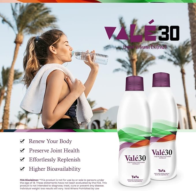 TAVA Liquid Vitamins, Valé30® a Liquid Multivitamin for Men, Women, and The Whole Family, Energy Supplements for 30 Days with Vitamin A and Vitamin B Complex - The Perfect Boost Drink for Everyone.
