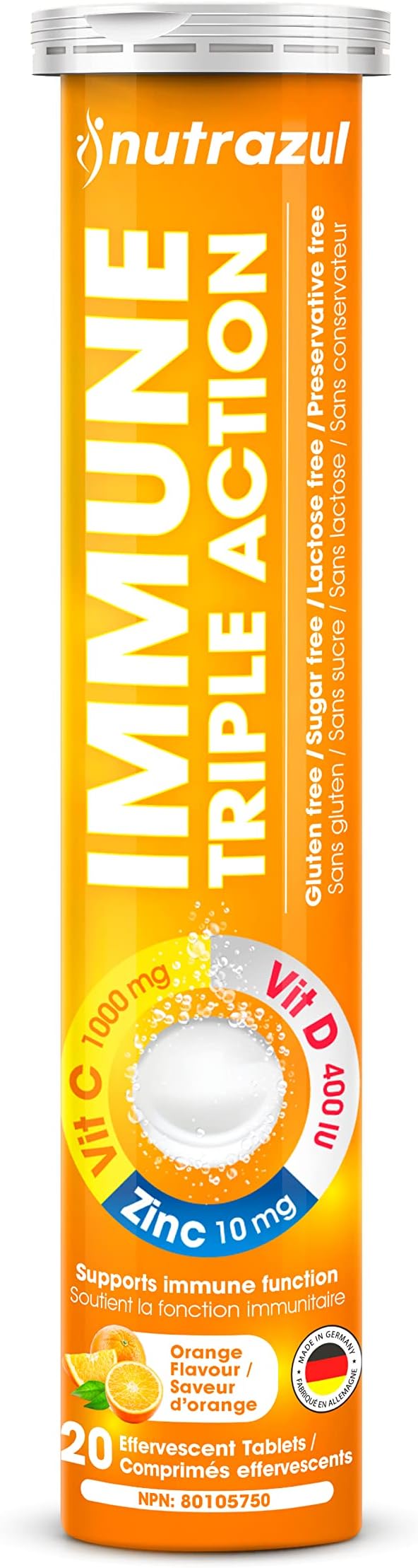 nutrazul Immune Triple Action Effervescent Tablet-1000 mg Vitamin C, Vitamin D, Zinc I Orange 20's (Pack of 3) I Gluten Free, Sugar Free, Lactose Free & Preservative Free I Maintains Immune Function