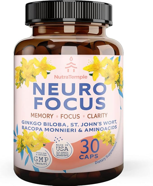 Brain Booster Gingko Biloba Supplement - Nootropics for Mind, Focus, Memory, Clarity with Bacopa Monnieri, St. Johns Wort - 30 Brain Food Capsules