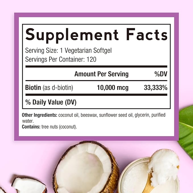 Doctor's Recipes Biotin 10,000 mcg, Hair Growth, Healthy Skin & Nails, Energy Metabolism, Vegetarian-Friendly Biotin, with Coconut Oil, Non-GMO, 4 Month Supply, 120 Vegetarian Softgels