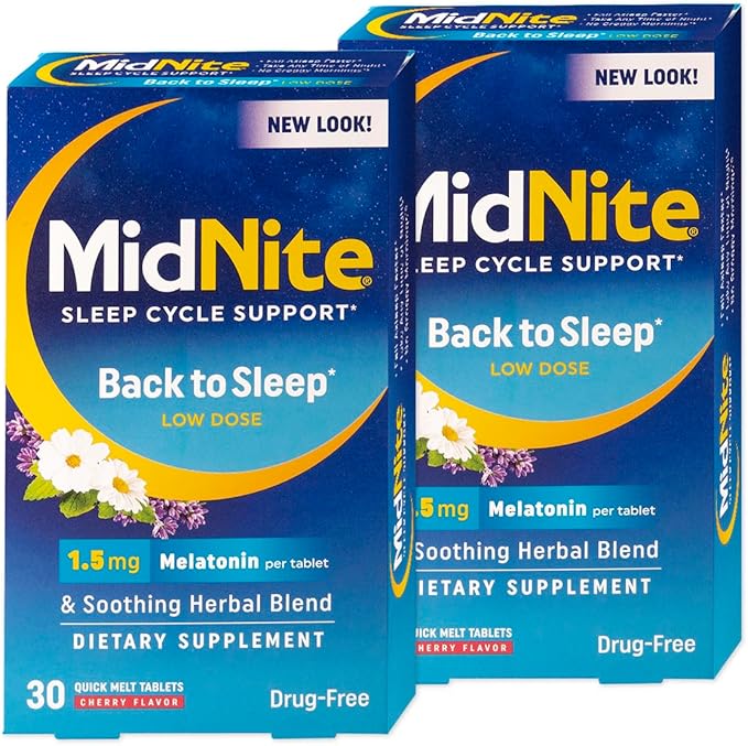 MidNite Back To Sleep Low Dose, 1.5 mg Melatonin Sleep Aid, Non-habit Forming, Herbal Dietary Supplement For Adults, Drug-free, Gluten-free, Lactose-free, Vegetarian, Vegan, 30 Quick Melt Tablets 2 ct