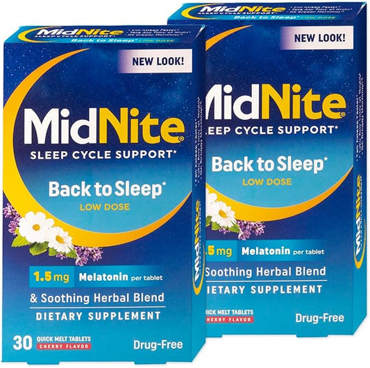 MidNite Back To Sleep Low Dose, 1.5 mg Melatonin Sleep Aid, Non-habit Forming, Herbal Dietary Supplement For Adults, Drug-free, Gluten-free, Lactose-free, Vegetarian, Vegan, 30 Quick Melt Tablets 2 ct