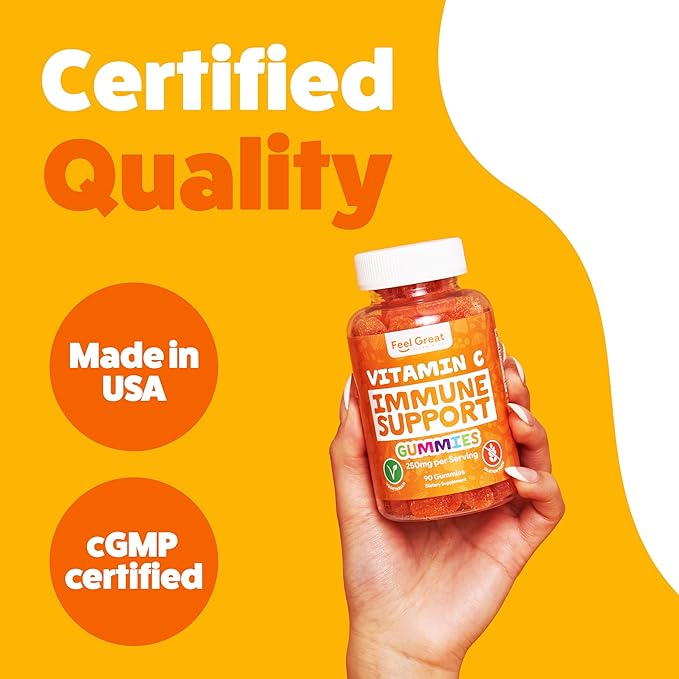 Vitamin C Gummies for Adults & Kids by Feel Great Vitamin Co. | 90 Orange Flavored Gummies | Immunity Support, Plant-Based Fruit Pectin