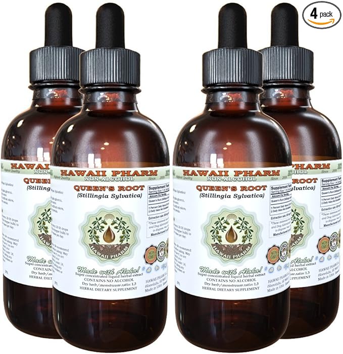 Queen's Root Alcohol-Free Liquid Extract, Queen's Root (Stillingia Sylvatica) Dried Root Glycerite Natural Herbal Supplement, Hawaii Pharm, USA 4x4 fl.oz