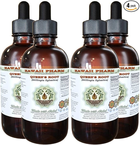 Queen's Root Alcohol-Free Liquid Extract, Queen's Root (Stillingia Sylvatica) Dried Root Glycerite Natural Herbal Supplement, Hawaii Pharm, USA 4x4 fl.oz