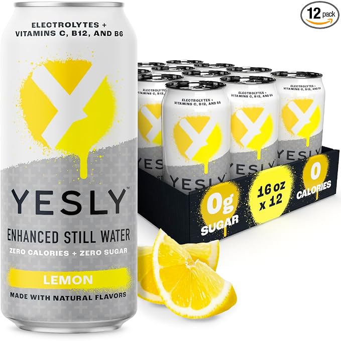 Yesly Functional Water, Lemon, Naturally Flavored Still Water with Electrolytes, Magnesium, Potassium, Vitamin C, B6 & B12, Zero Sugar, No Artificial Sweeteners, Caffeine Free, 16 Fl Oz Cans, 12 Pack