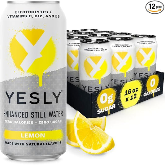 Yesly Functional Water, Lemon, Naturally Flavored Still Water with Electrolytes, Magnesium, Potassium, Vitamin C, B6 & B12, Zero Sugar, No Artificial Sweeteners, Caffeine Free, 16 Fl Oz Cans, 12 Pack