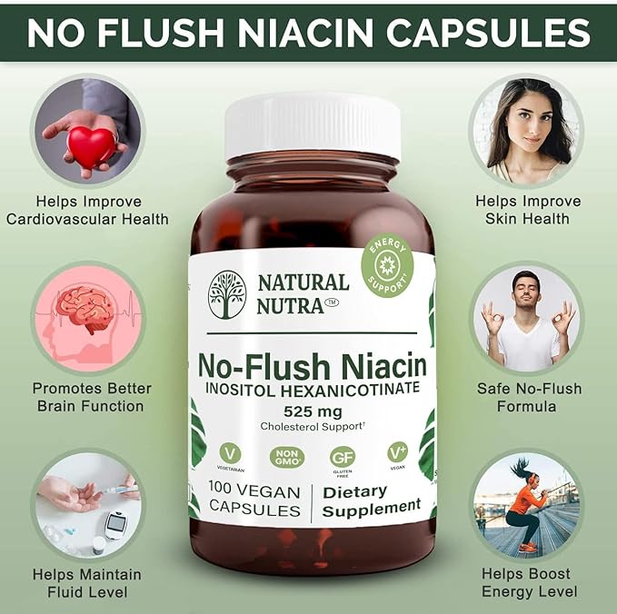 Natural Nutra No Flush Niacin, Vitamin B3 Supplement, Helps Improve Cardiovascular Health, Helps Improve Skin Texture, Promotes Better Brain Function, Helps Boost Energy Level 525 mg, 100 Capsules