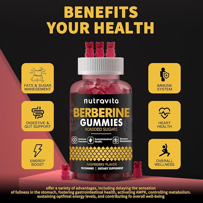 Berberine Gummies with Ceylon Cinnamon 1500mg High Potency Berberine HCL Supplement for Immune and Metabolism Support, Sugar Free Organic Berberine Gummies Raspberry Flavor