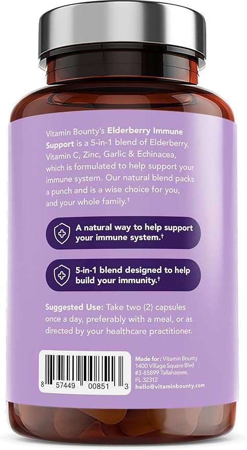 Vitamin Bounty Elderberry Immune Support - with Zinc, Vitamin C & Echinacea, Advanced 5-in-1 Blend, Powerful Antioxidant, Supports Whole Body Balance, Non-GMO - 60 Capsules, 2 Pack